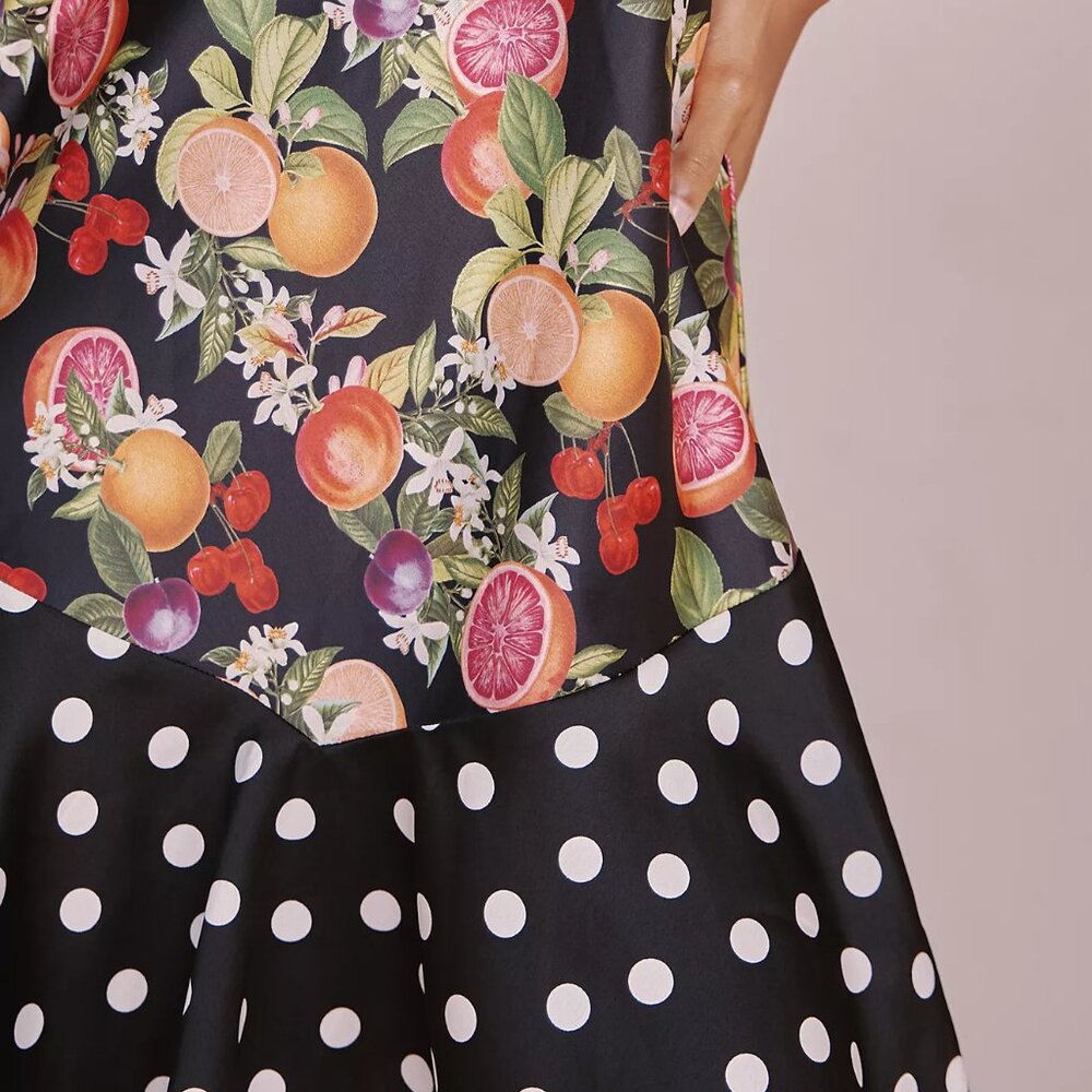Show Me Your MuMu Uptown Tie Mini Dress in a black fruit and polka dot print - Picture 7 of 8